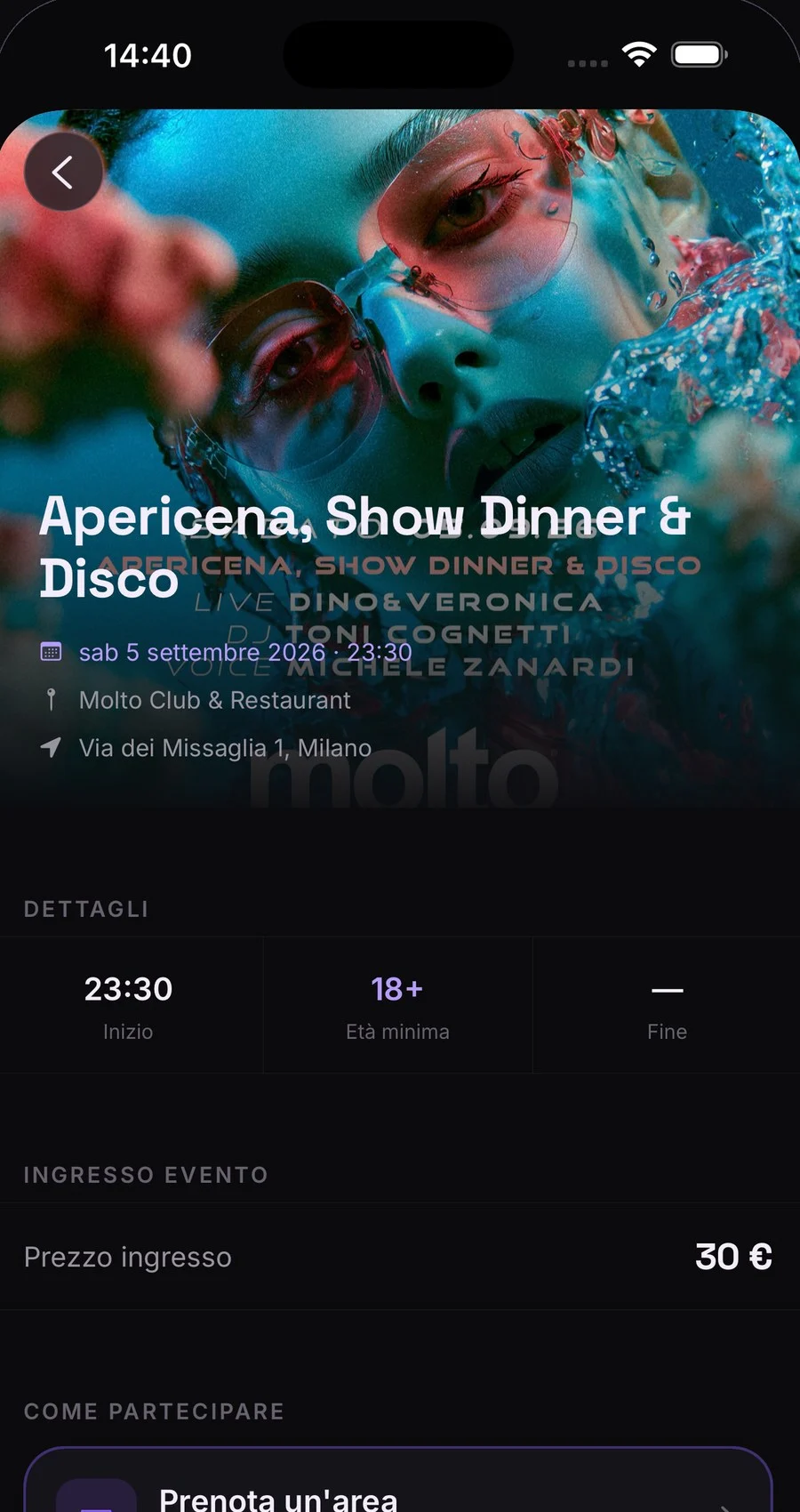 Scheda evento nell’app pierre: inizio alle 23:30, età minima 18 anni, ingresso 30 €
